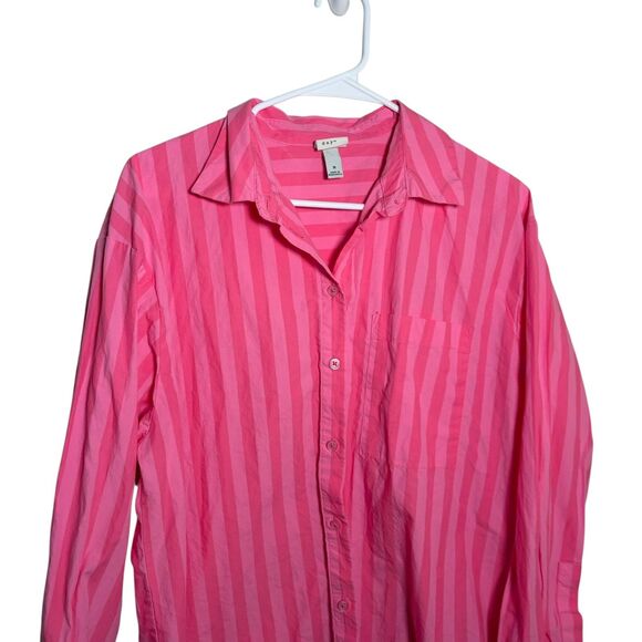 A New Day Blouse Women's Medium Pink Striped Button Up Collared Long Sleeve Top - Picture 2 of 9